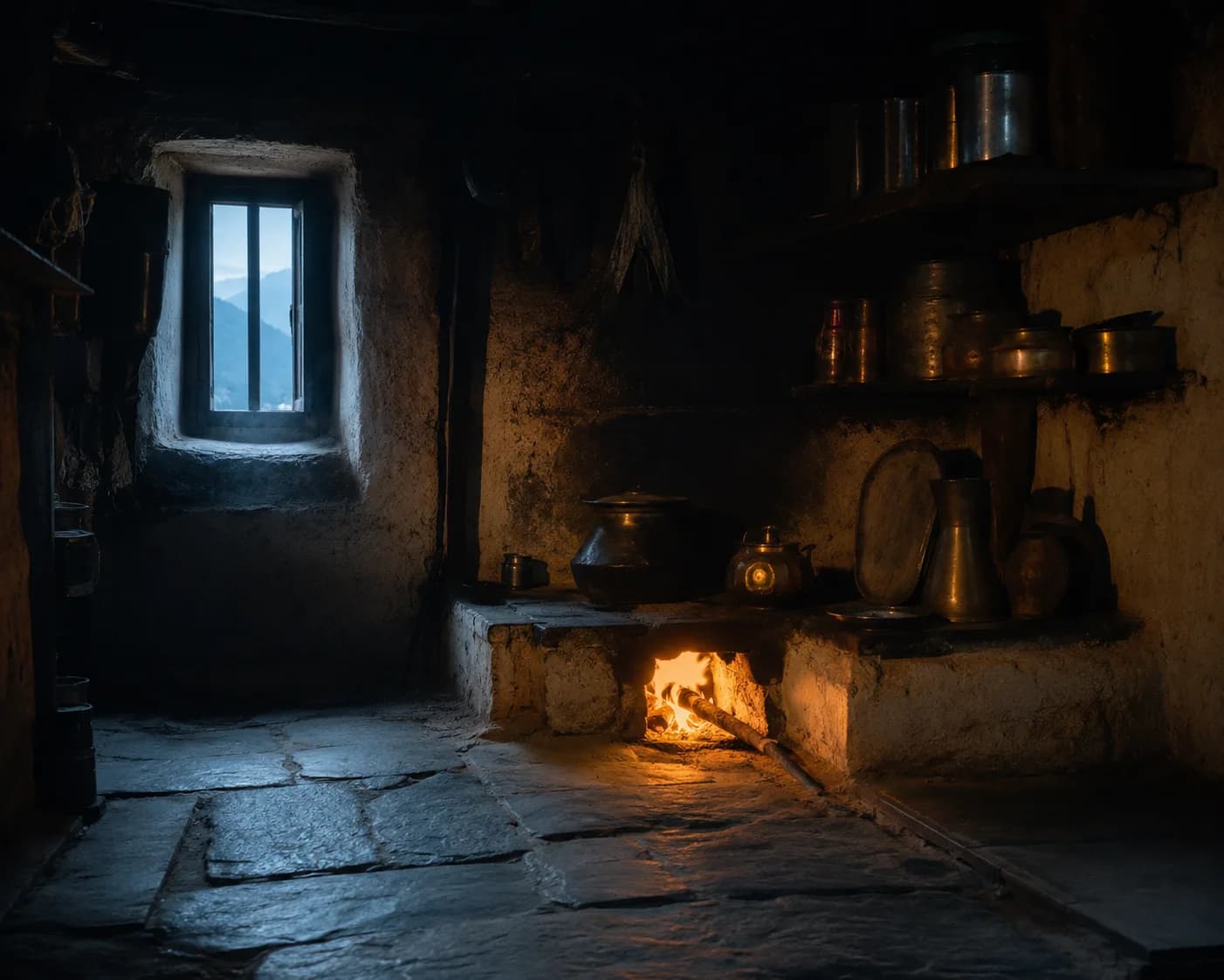 A traditional Kumaoni village kitchen, firelight on copper and brass vessels