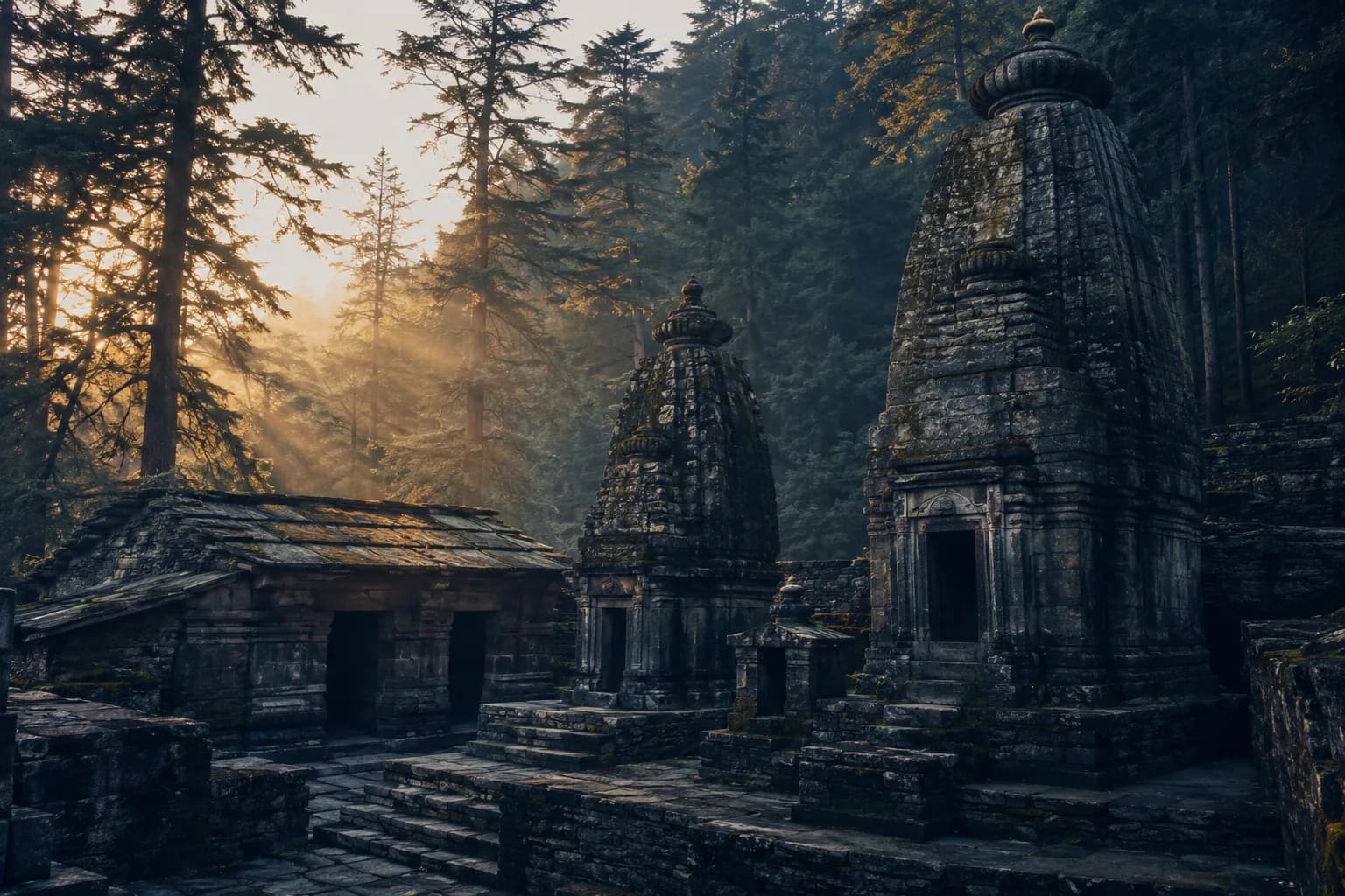 Weathered stone temple spires among tall deodar cedars in low morning sun